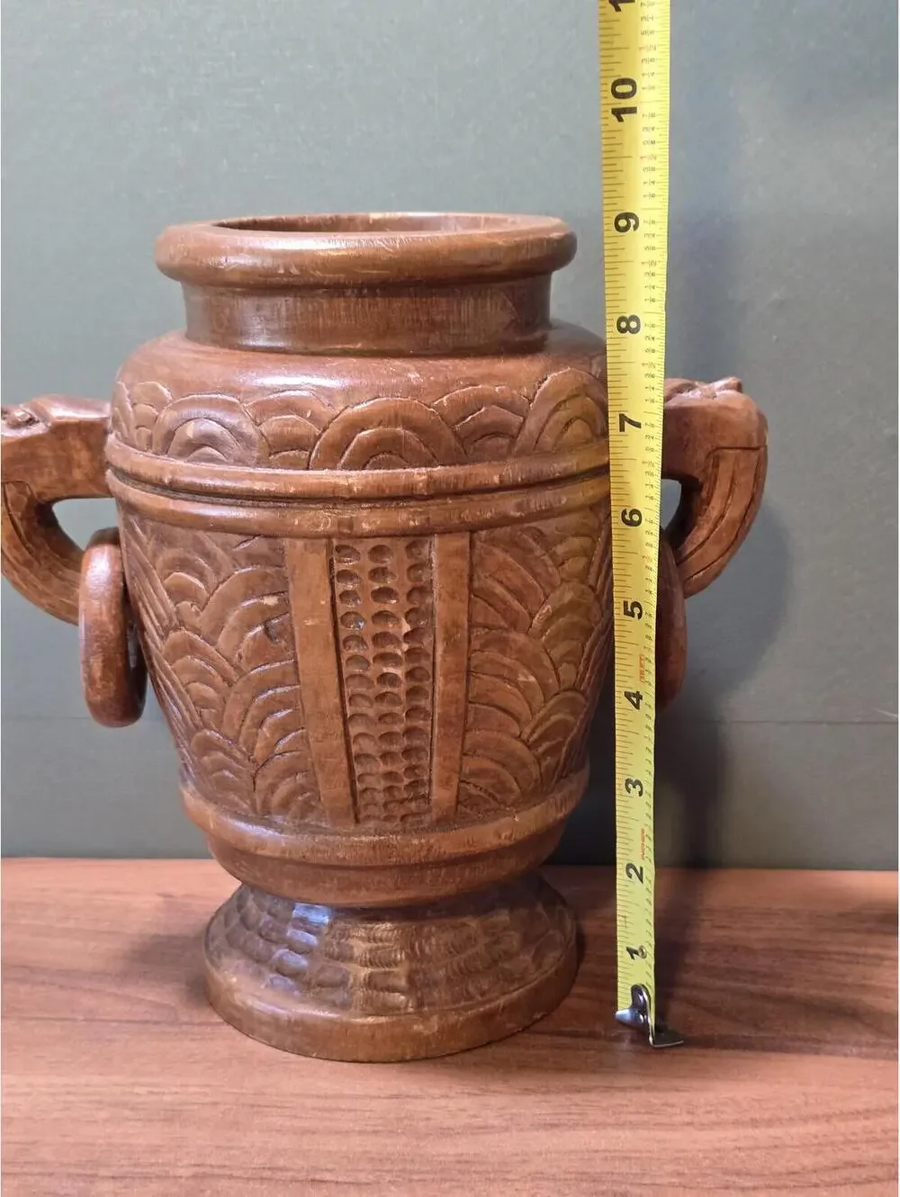 Vintage Hand Carved Wood Amphora Vase with Rings
